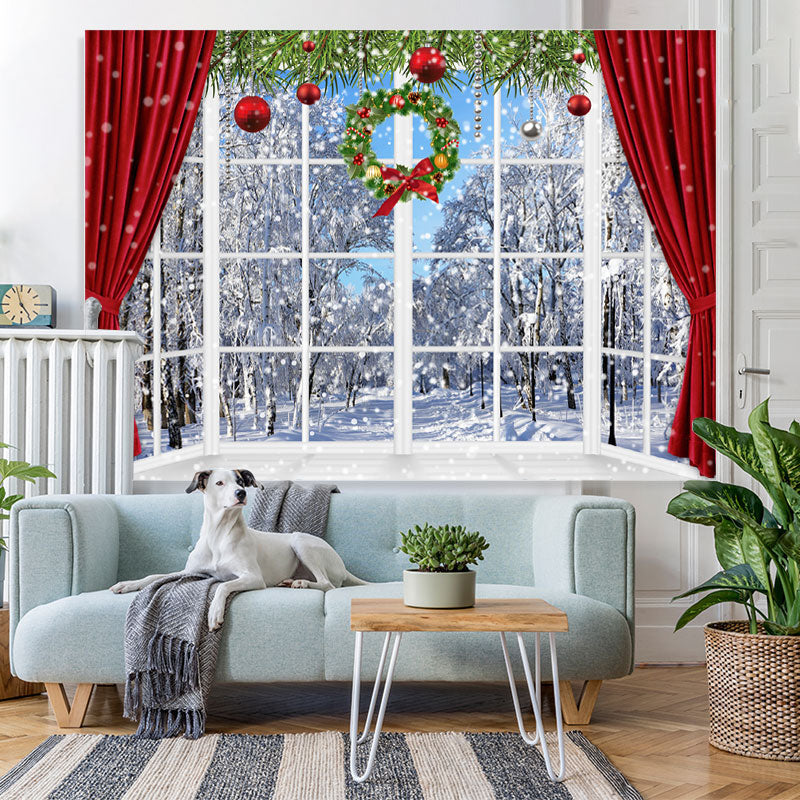Lofaris Snowy World With Christmas Wreath Curtain Backdrop