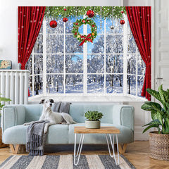 Lofaris Snowy World With Christmas Wreath Curtain Backdrop