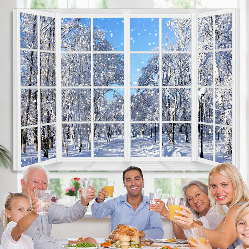Lofaris Snowy World With White Trees Outside Window Backdrop