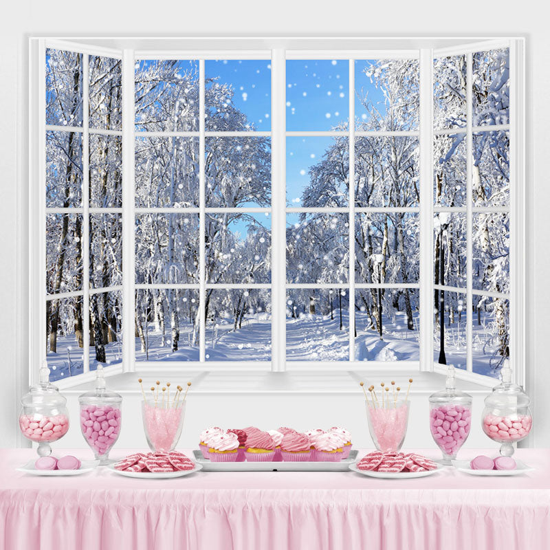 Lofaris Snowy World With White Trees Outside Window Backdrop