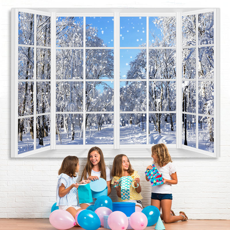 Lofaris Snowy World With White Trees Outside Window Backdrop