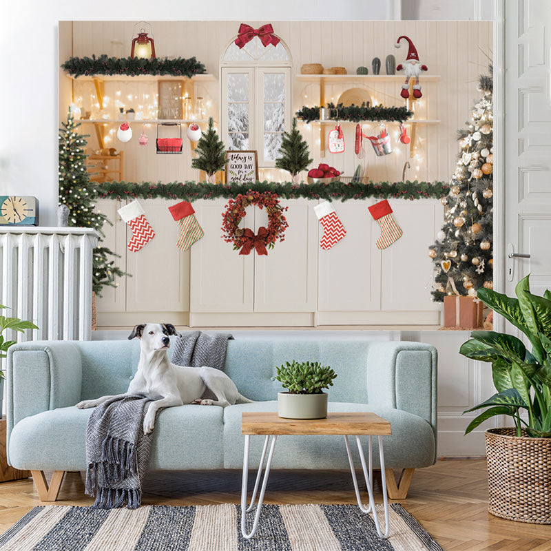 Lofaris Sock Wreath Christmas Tree Snow White Wall Backdrop