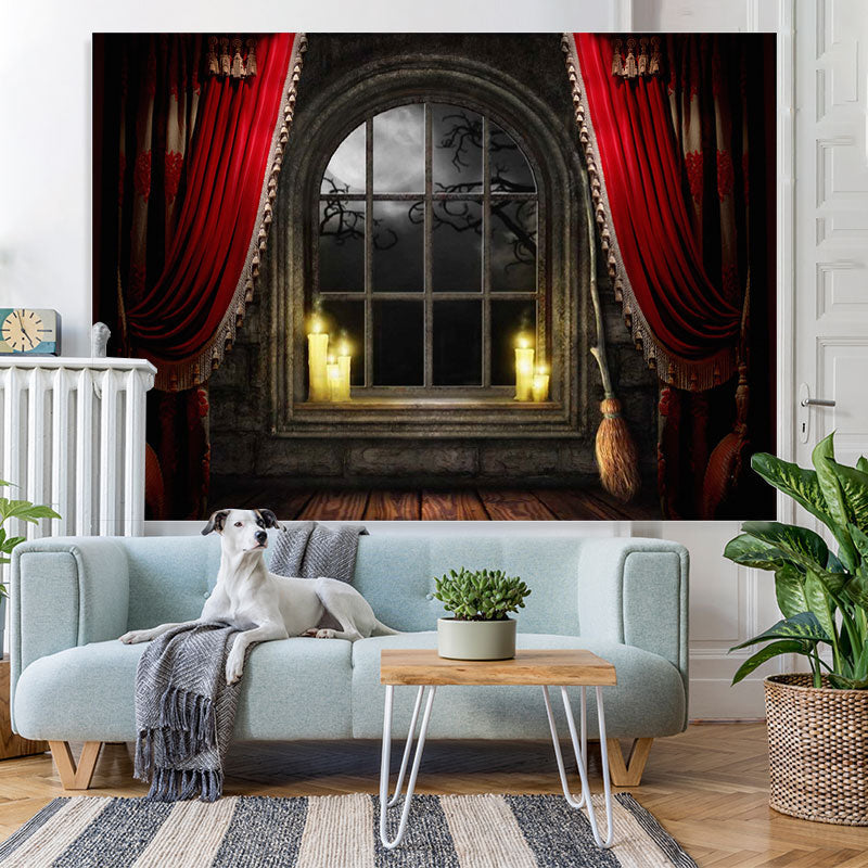 Lofaris Spooky Night Window Red Curtain Halloween Theme Backdrop