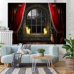 Lofaris Spooky Night Window Red Curtain Halloween Theme Backdrop