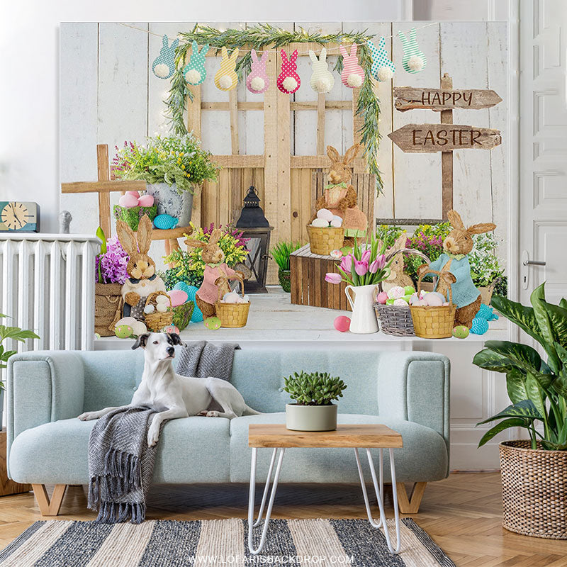 Lofaris Spring Floral Wood Door Rabbit Happy Easter Backdrop