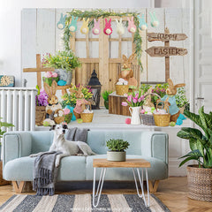 Lofaris Spring Floral Wood Door Rabbit Happy Easter Backdrop