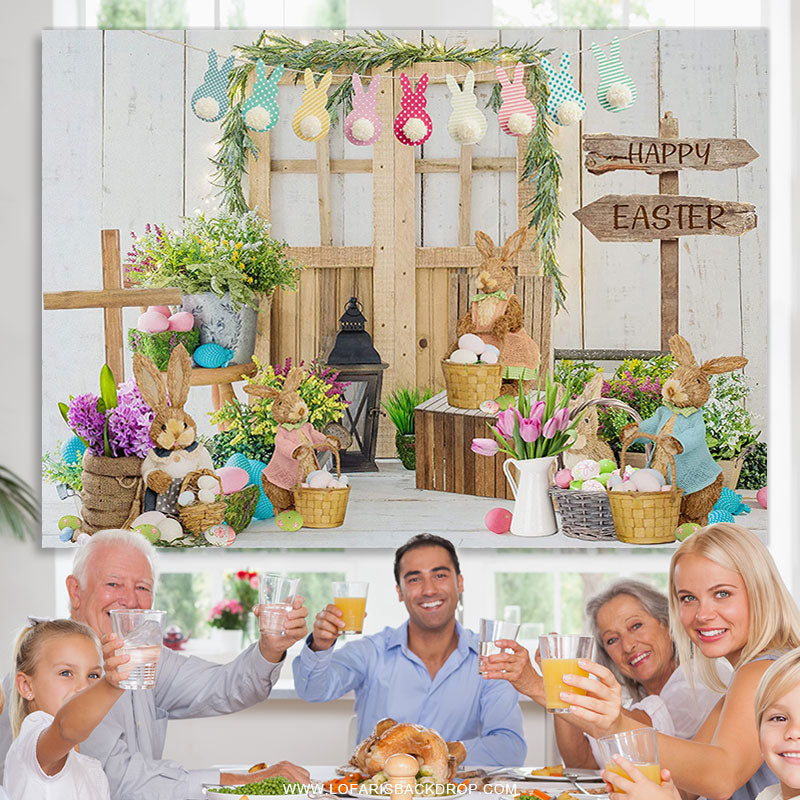 Lofaris Spring Floral Wood Door Rabbit Happy Easter Backdrop