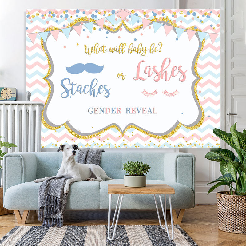 Lofaris Staches or Lashes Pink and Blue Baby Shower Backdrop