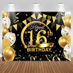 Lofaris Stars Balloons Glitter Black 16th Birthday Backdrop