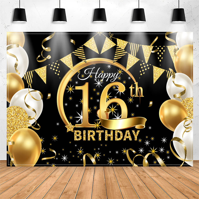 Lofaris Stars Balloons Glitter Black 16th Birthday Backdrop