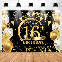 Lofaris Stars Balloons Glitter Black 16th Birthday Backdrop