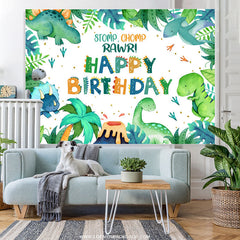 Lofaris Stomp Chomp Rawr Green Leaves Birthday Party Backdrop