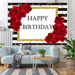 Lofaris Stripes and Red Rose Gold Dots Happy Birthday Backdrop