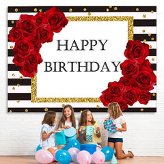 Lofaris Stripes and Red Rose Gold Dots Happy Birthday Backdrop