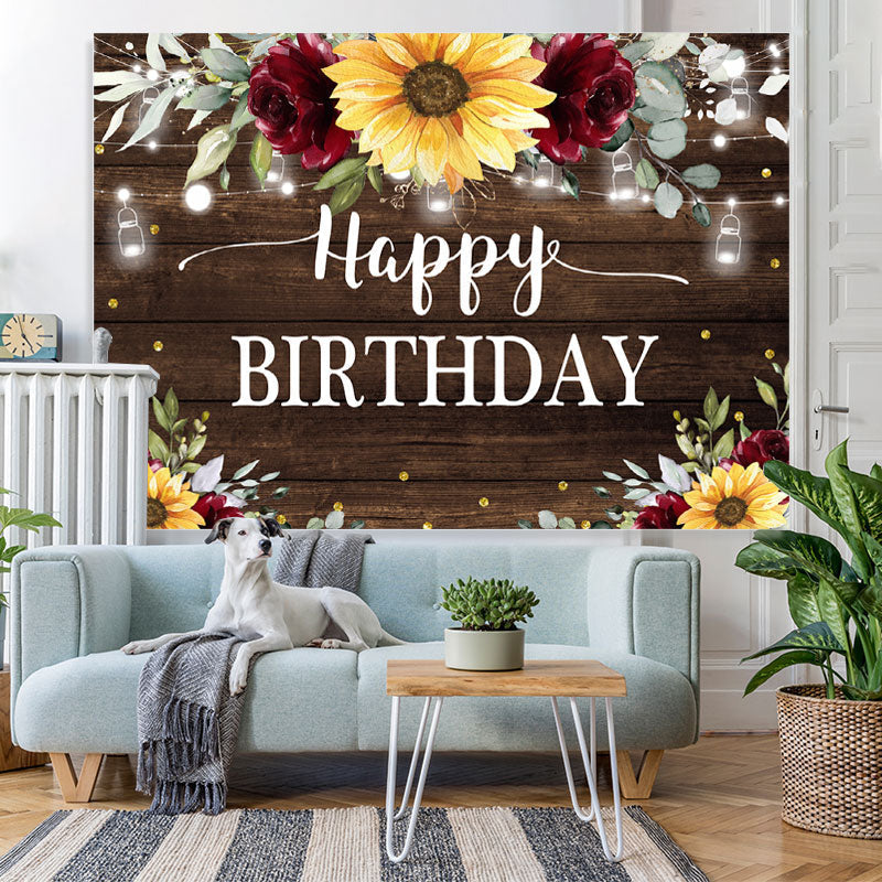 Lofaris Sunflower and Red Roses Wood Happy Birthday Backdrop