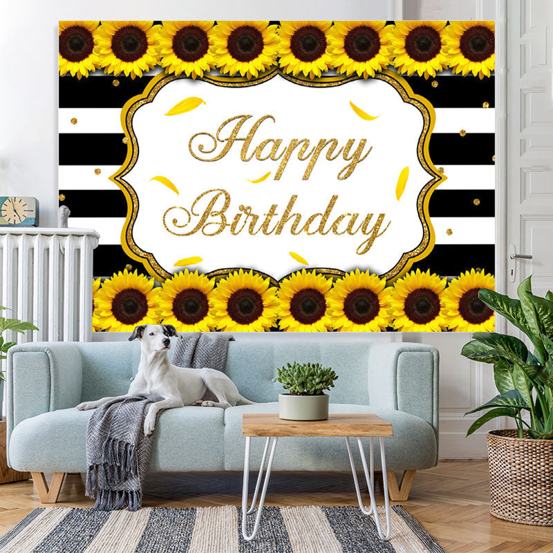 Lofaris Sunflower Black White Stripes Happy Birthday Backdrop