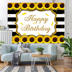 Lofaris Sunflower Black White Stripes Happy Birthday Backdrop