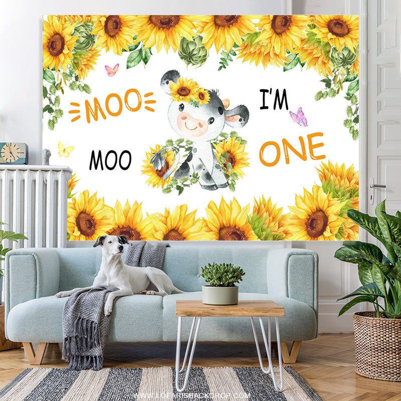 Lofaris Sunflowers And Little Cow I Am 1st Birthday Backdrop