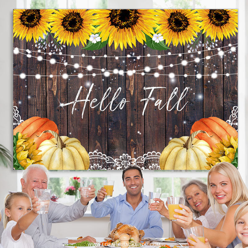 Lofaris Sunflowers And Pimpkin Brown Wood Hello Fall Backdrop