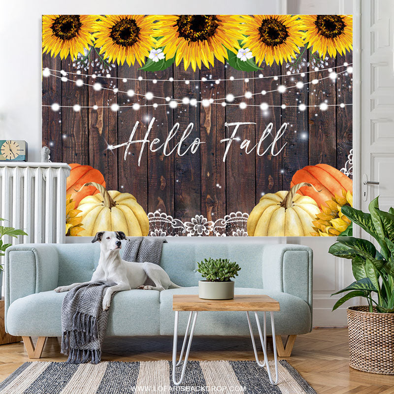 Lofaris Sunflowers And Pimpkin Brown Wood Hello Fall Backdrop