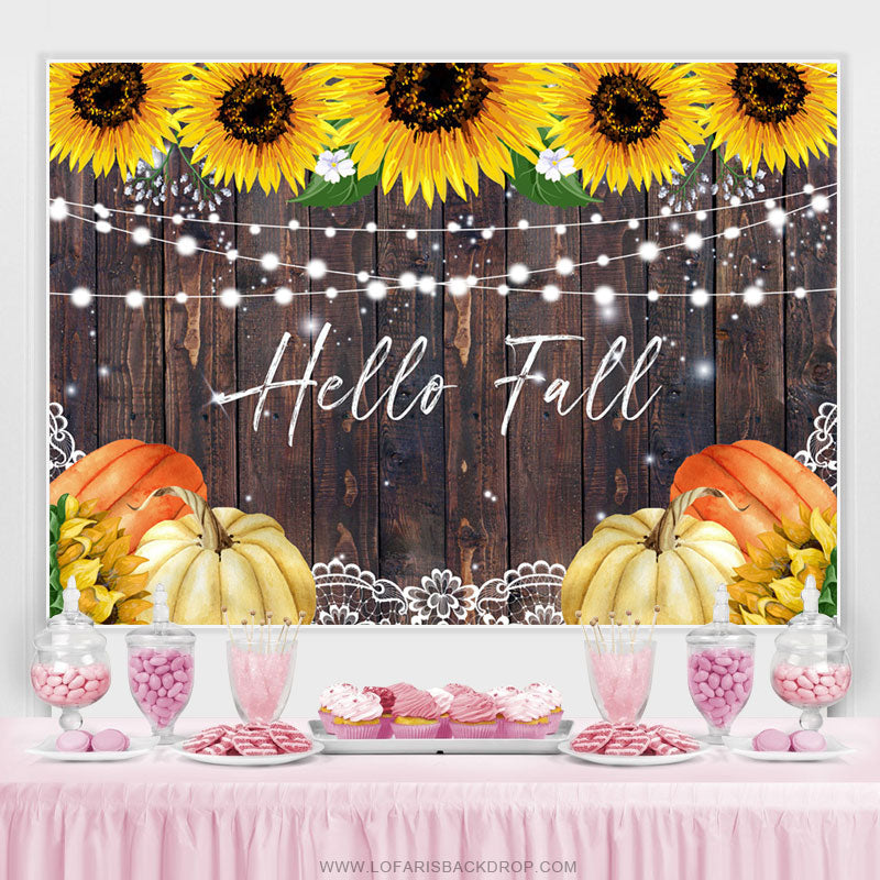 Lofaris Sunflowers And Pimpkin Brown Wood Hello Fall Backdrop