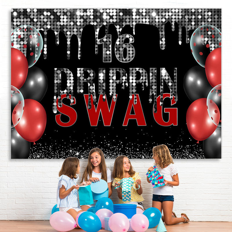 Lofaris Swag 16 Black And Silver Glitter Birthday Backdrop