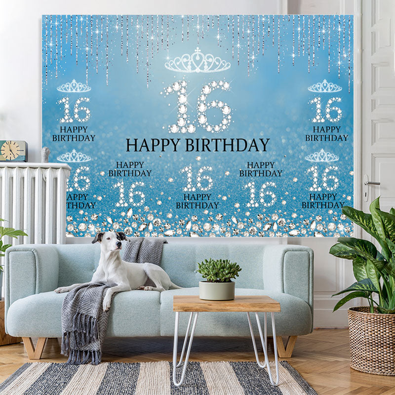 Lofaris Sweet 16 Diamond Glitter Blue Birthday Backdrop