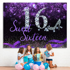 Lofaris Sweet 16 Silver Diamond Purple Glitter Sixteen Birthday Backdrop for Girl