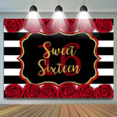 Lofaris Sweet 16 With Roses And Stripe Happy Birthday Backdrop