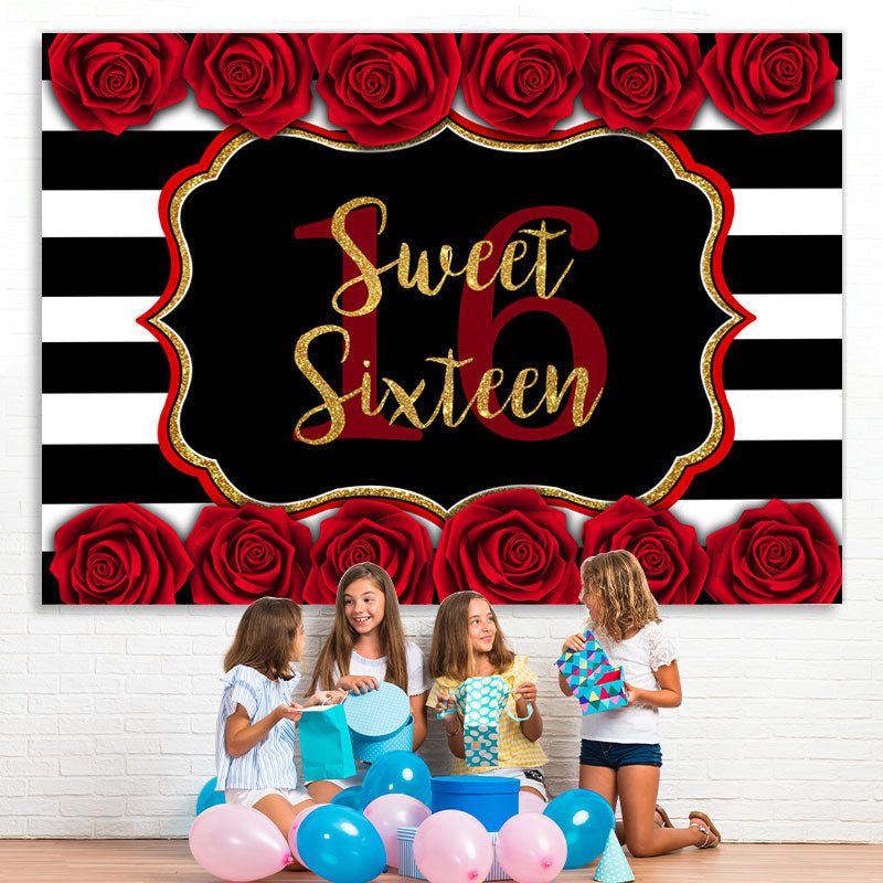 Lofaris Sweet 16 With Roses And Stripe Happy Birthday Backdrop