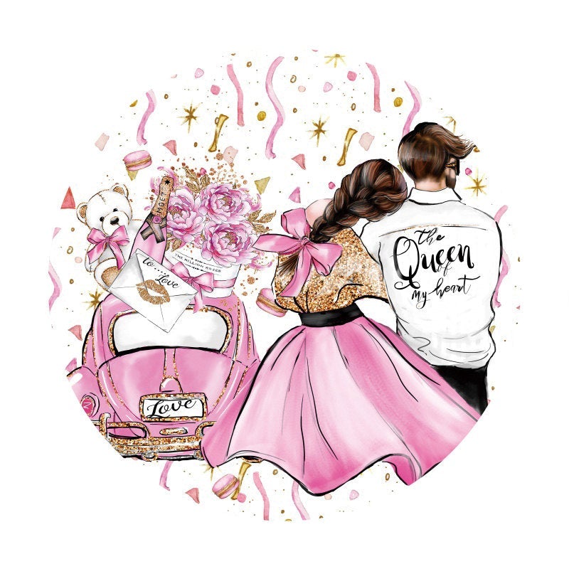 Lofaris Sweet Couple Pink Flower Car Glitter Round Valentines Backdrop