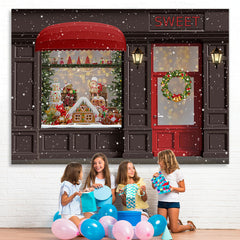 Lofaris Sweet Gingerbread Snow Christmas Wreath Lights Red Door Backdrop