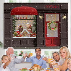 Lofaris Sweet Gingerbread Snow Christmas Wreath Lights Red Door Backdrop