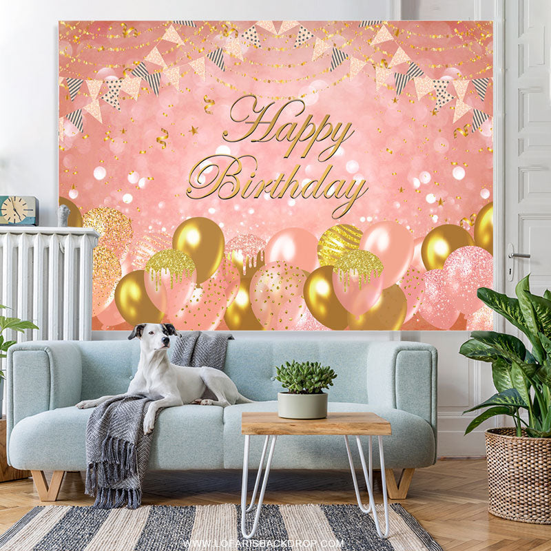 Lofaris Sweet Pink Balloon Flag Ribbon Happy Birthday Backdrop