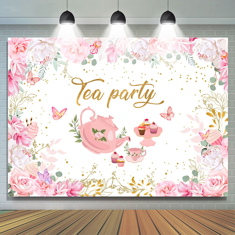 Lofaris Tea Party Pink And White Floral Happy Birthday Backdrop