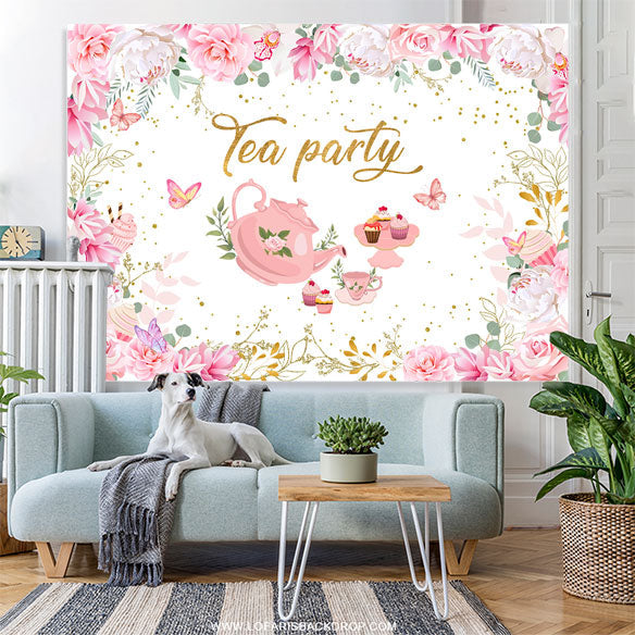 Lofaris Tea Party Pink And White Floral Happy Birthday Backdrop