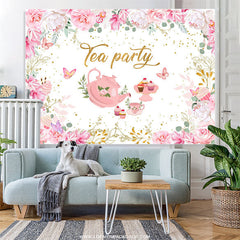 Lofaris Tea Party Pink And White Floral Happy Birthday Backdrop