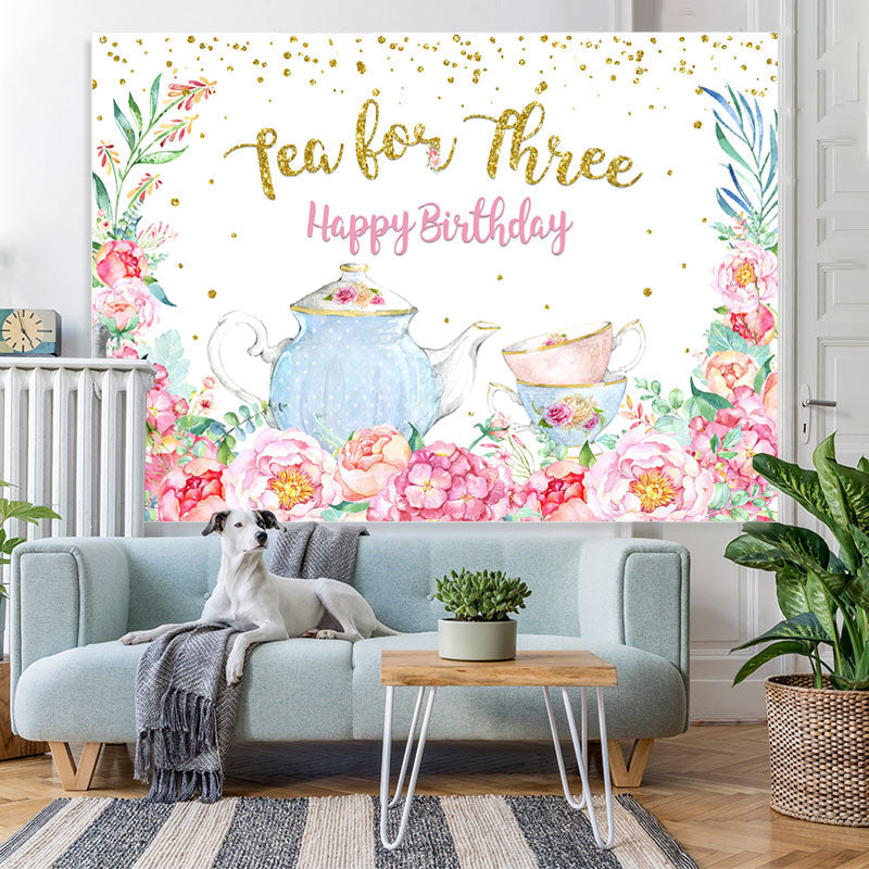 Lofaris Teapot and Floral Happy 3rd Birthday Backdrop For Girl