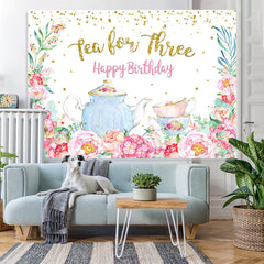 Lofaris Teapot and Floral Happy 3rd Birthday Backdrop For Girl