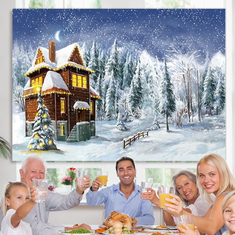 Lofaris Trees And Wooden House Christmas Backdrop For Winter