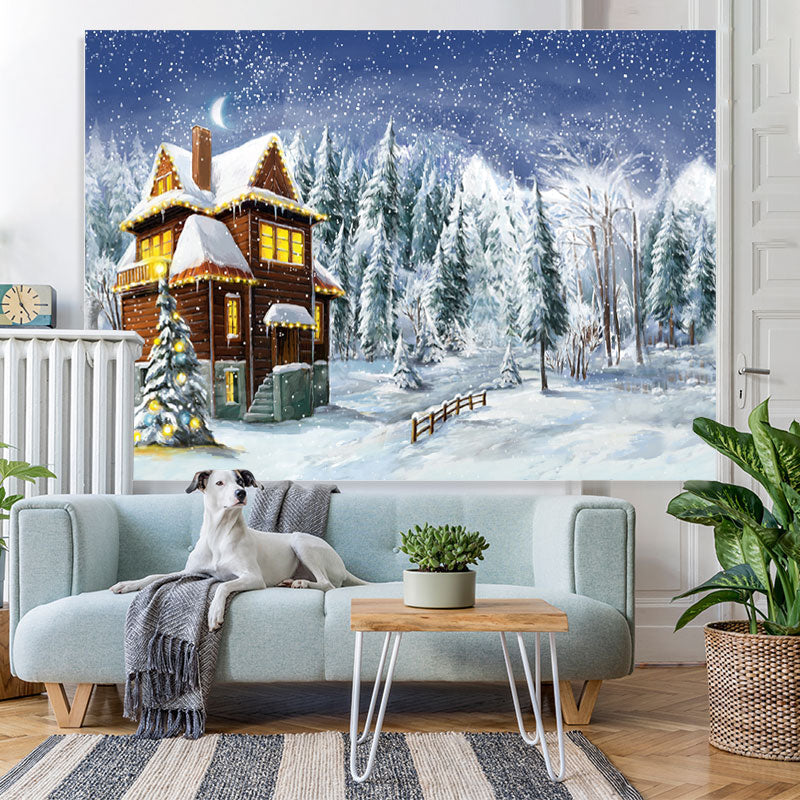 Lofaris Trees And Wooden House Christmas Backdrop For Winter