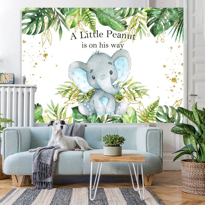 Lofaris Tropical Plants Baby Elephant Bule Shower Backdrop