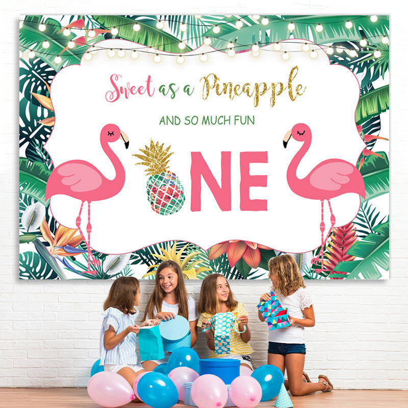 Lofaris Tropical Plants Flamingos Happy 1st Birthday Backdrop