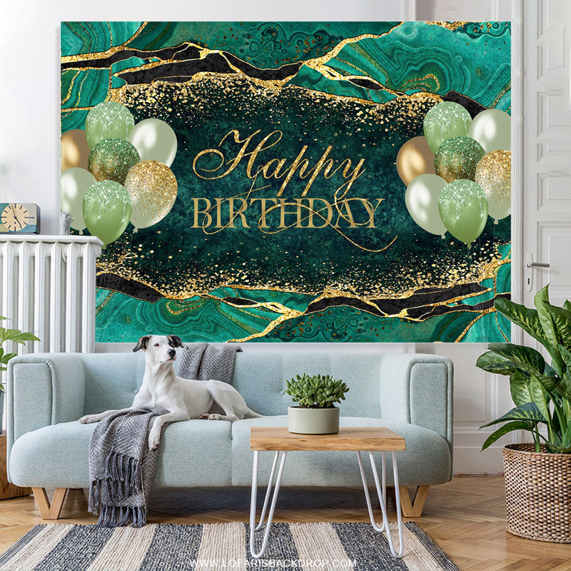 Lofaris Turquoise With Golden Balloon Happy Birthday Backdrop