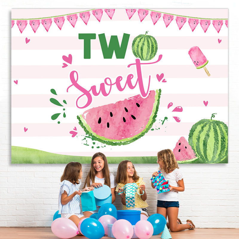 Lofaris Two Sweet Watermelon Pink Stripes 2nd Birthday Backdrop for Girl