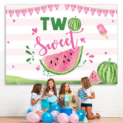 Lofaris Two Sweet Watermelon Pink Stripes 2nd Birthday Backdrop for Girl