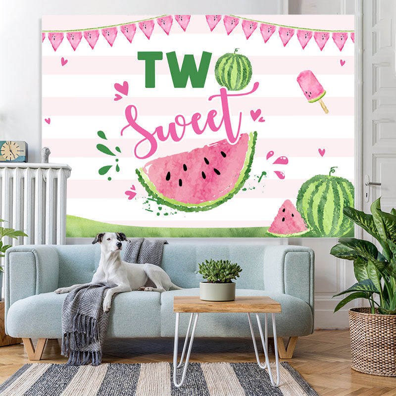 Lofaris Two Sweet Watermelon Pink Stripes 2nd Birthday Backdrop for Girl