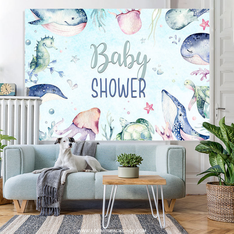 Lofaris Underwater Animals Light Blue Baby Shower Backdrop