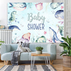 Lofaris Underwater Animals Light Blue Baby Shower Backdrop