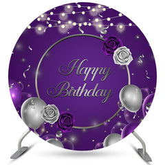 Gold Glitter Purple Balloons Black Round Grad Backdrop